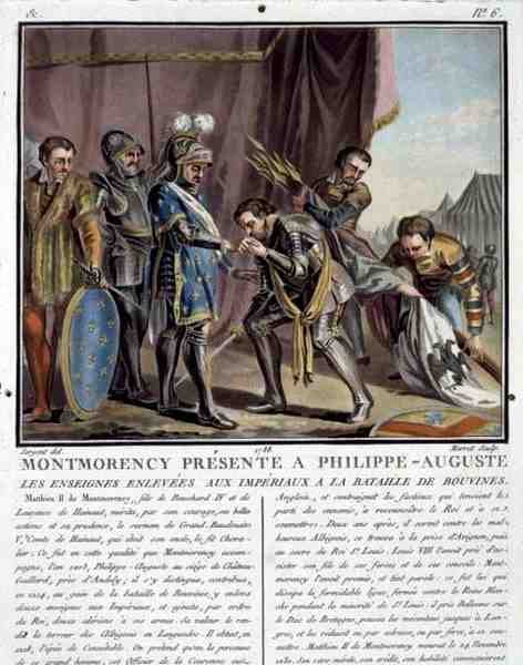 Montmorency presenteras för Philip Augustus (1165-1223) efter slaget vid Bouvines, graverad av Jean Baptiste Morret (fl. 1790-1820) av Antoine Louis Francois (after) Sergent Marceau