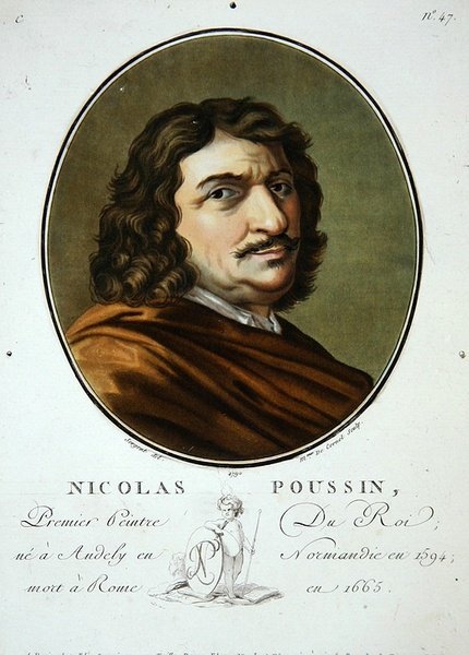 Nicolas Poussin, från "Porträtt av stora män, berömda kvinnor och minnesvärda ämnen i Frankrike, graverade och tryckta i färg", utgiven av Pierre Blin av Antoine Louis Francois (after) Sergent Marceau