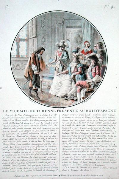 Viscounten av Turenne (1611-75) överlämnas till kung Filip IV (1605-65) av Spanien, graverad av L. Roger av Antoine Louis Francois (after) Sergent Marceau