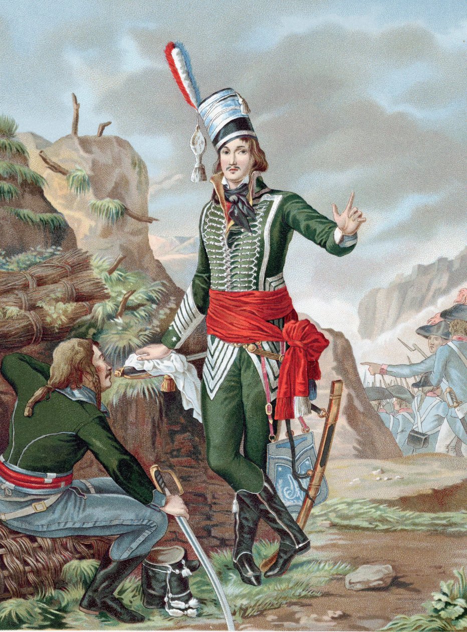 Francois Severin Marceau-Desgraviers (1769-1896) Fransk revolutionär soldat: republikanska armén i La Vendee: stred vid Fleurus, Mainz, Mannheim och Koblenz. Dödligt sårad i Altenkirchen. Kromolitografi efter målning. av Antoine Louis Francois (after) Sergent Marceau