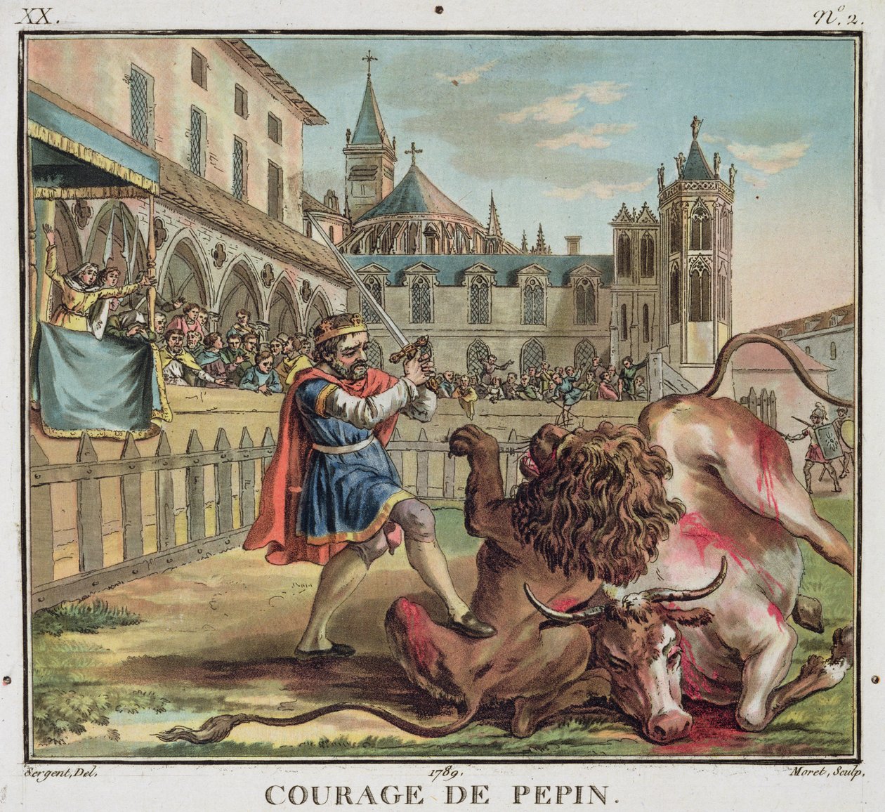The Courage of Pepin (714-68), graverad av Jean Baptiste Morret (fl. 1790-1820) 1789 (färgad gravyr) av Antoine Louis Francois (after) Sergent Marceau