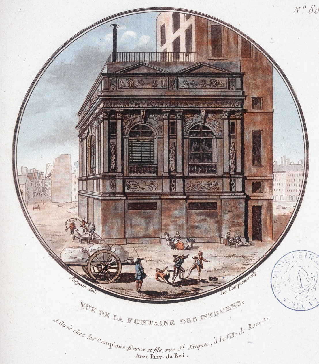 Utsikt över de oskyldigas fontän. I prittoresque utsikt över huvudbyggnaderna i Paris av sergeant av Antoine Louis Francois Sergent Marceau
