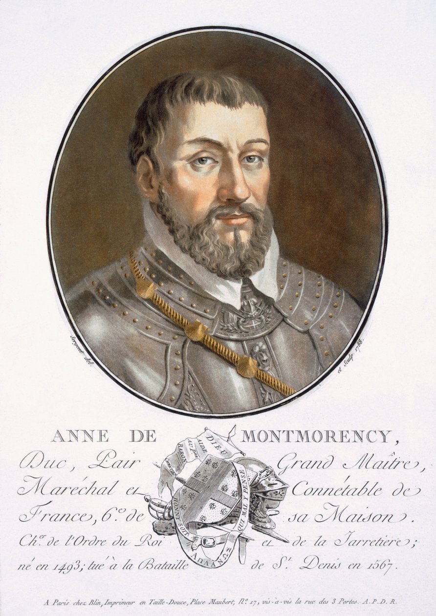 Anne de Montmorency, från Portraits of Great Men, Illustrious Women, and Memorable Subjects of France, graverad och tryckt i färger, utgiven av Pierre Blin, 1786-92, Paris (färgstick) av Antoine Louis Francois Sergent Marceau