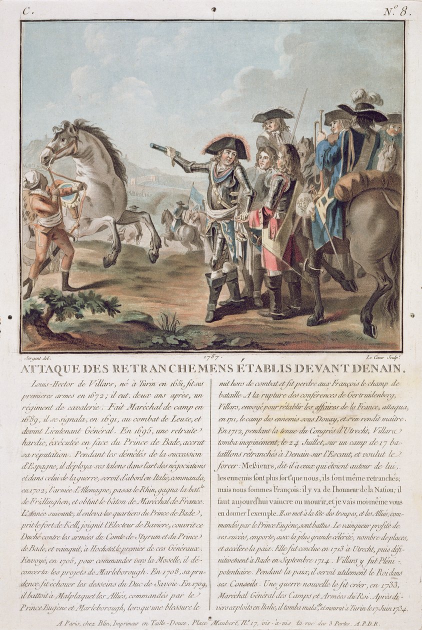 Attack mot skyttegravarna som upprättades framför Denain, 1712, graverade av Louis Le Coeur (fl.1780-1800), 1787 av Antoine Louis Francois Sergent Marceau