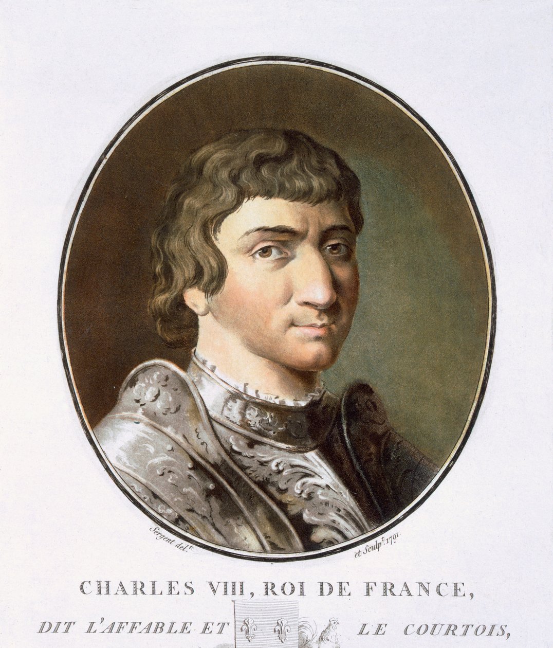 Charles VIII, från Portraits of Great Men, Illustrious Women, and Memorable Subjects of France, graverad och tryckt i färger, utgiven av Pierre Blin, 1786-92, Paris (färgstick) av Antoine Louis Francois Sergent Marceau
