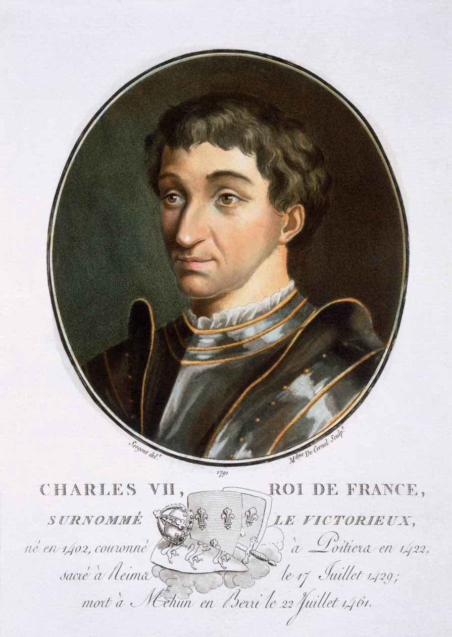 Charles VII, från Portraits of Great Men, Illustrious Women, and Memorable Subjects of France, graverad och tryckt i färger, utgiven av Pierre Blin, 1786-92, Paris (färgstick) av Antoine Louis Francois Sergent Marceau