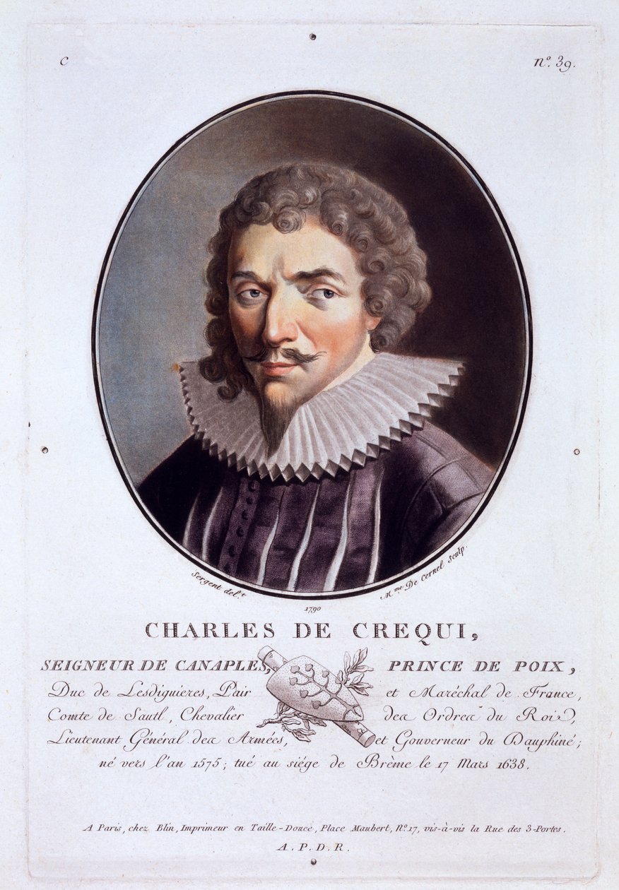Charles de Crequi, från Portraits of Great Men, Illustrious Women, and Memorable Subjects of France, graverad och tryckt i färger, utgiven av Pierre Blin, 1786-92, Paris (färgstick) av Antoine Louis Francois Sergent Marceau