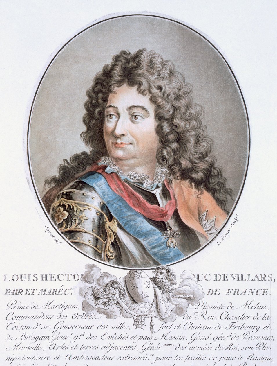 Claude Louis Hector de Villars, från "Porträtt av stora män, illustra kvinnor och minnesvärda ämnen i Frankrike, graverade och tryckta i färg", utgiven av Pierre Blin, 1786-92, Paris (färg sv av Antoine Louis Francois Sergent Marceau