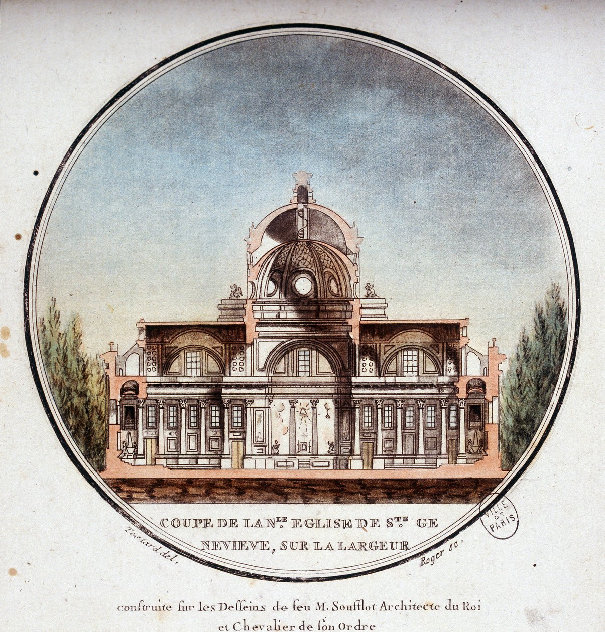 Tillskuren i bredd av den nya kyrkan Sainte Geneviève, byggd enligt ritningarna av arkitekten Soufflot, Paris. I prittoresque utsikt över huvudbyggnaderna i Paris av sergeant av Antoine Louis Francois Sergent Marceau