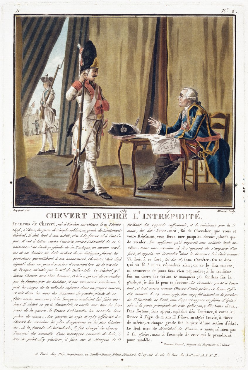 Francois Chevert (1695-1769) inspirerar mod, graverad av Jean Baptiste Morret (fl.1790-1820), 1789 av Antoine Louis Francois Sergent Marceau