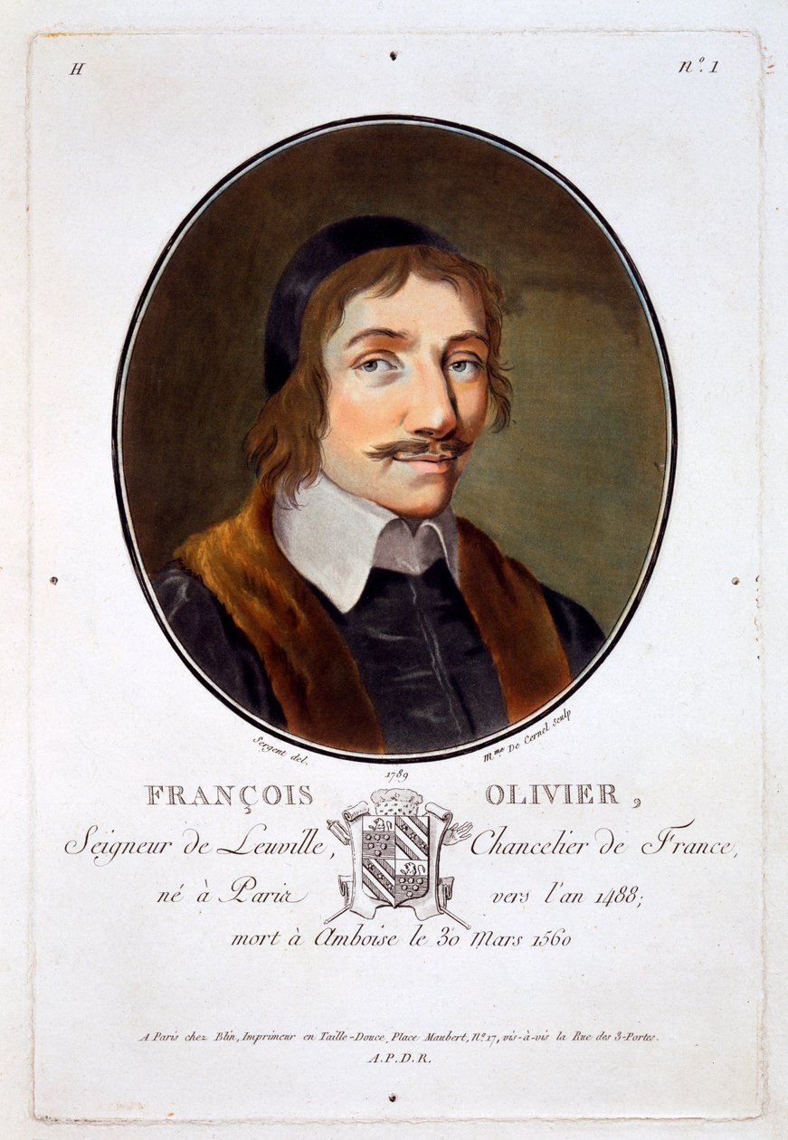 Francois Olivier Seigneur de Leuville, från Porträtt av stora män, berömda kvinnor och minnesvärda ämnen i Frankrike, graverade och tryckta i färger, utgiven av Pierre Blin, 1786-92, Paris (colo) av Antoine Louis Francois Sergent Marceau