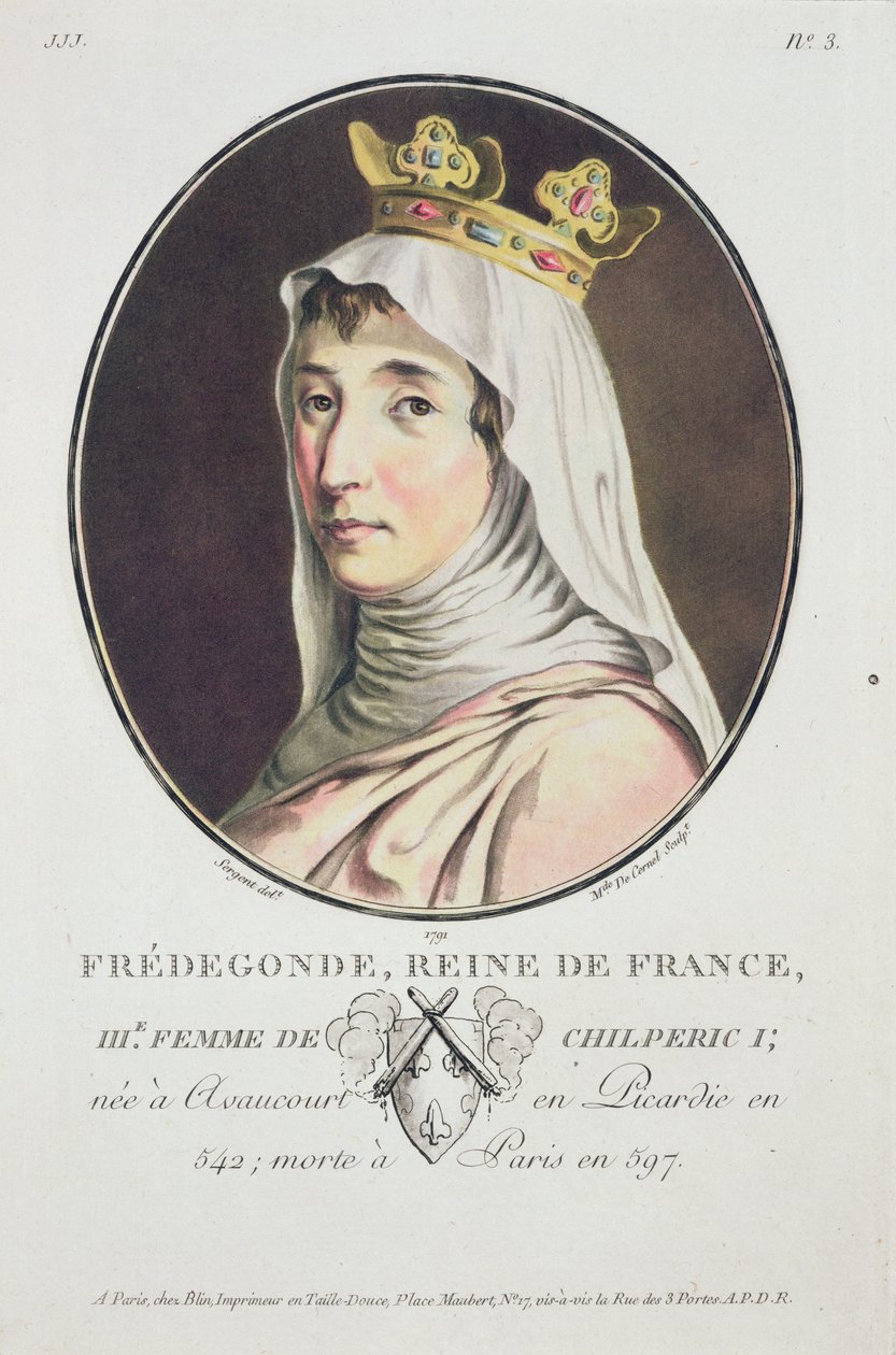 Fredegonde, frankernas drottning, från porträtt av stora män, lysande kvinnor och minnesvärda ämnen i Frankrike, graverade och tryckta i färger, utgiven av Pierre Blin, 1786-92, Paris (färgad och av Antoine Louis Francois Sergent Marceau