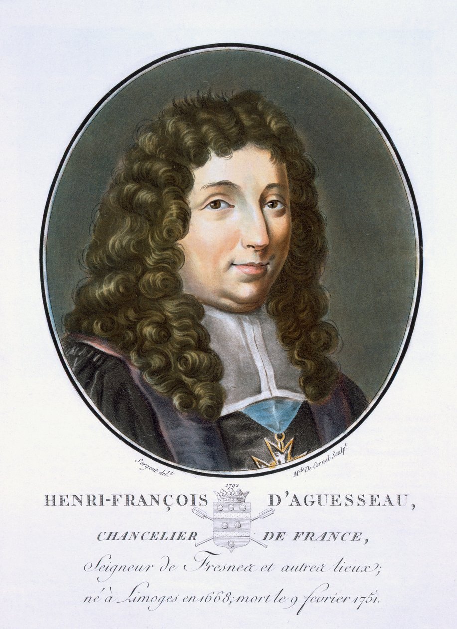 Henri-Francois dAguesseau, från Portraits of Great Men, Illustrious Women, and Memorable Subjects of France, graverad och tryckt i färger, utgiven av Pierre Blin, 1786-92, Paris (färggravyr av Antoine Louis Francois Sergent Marceau