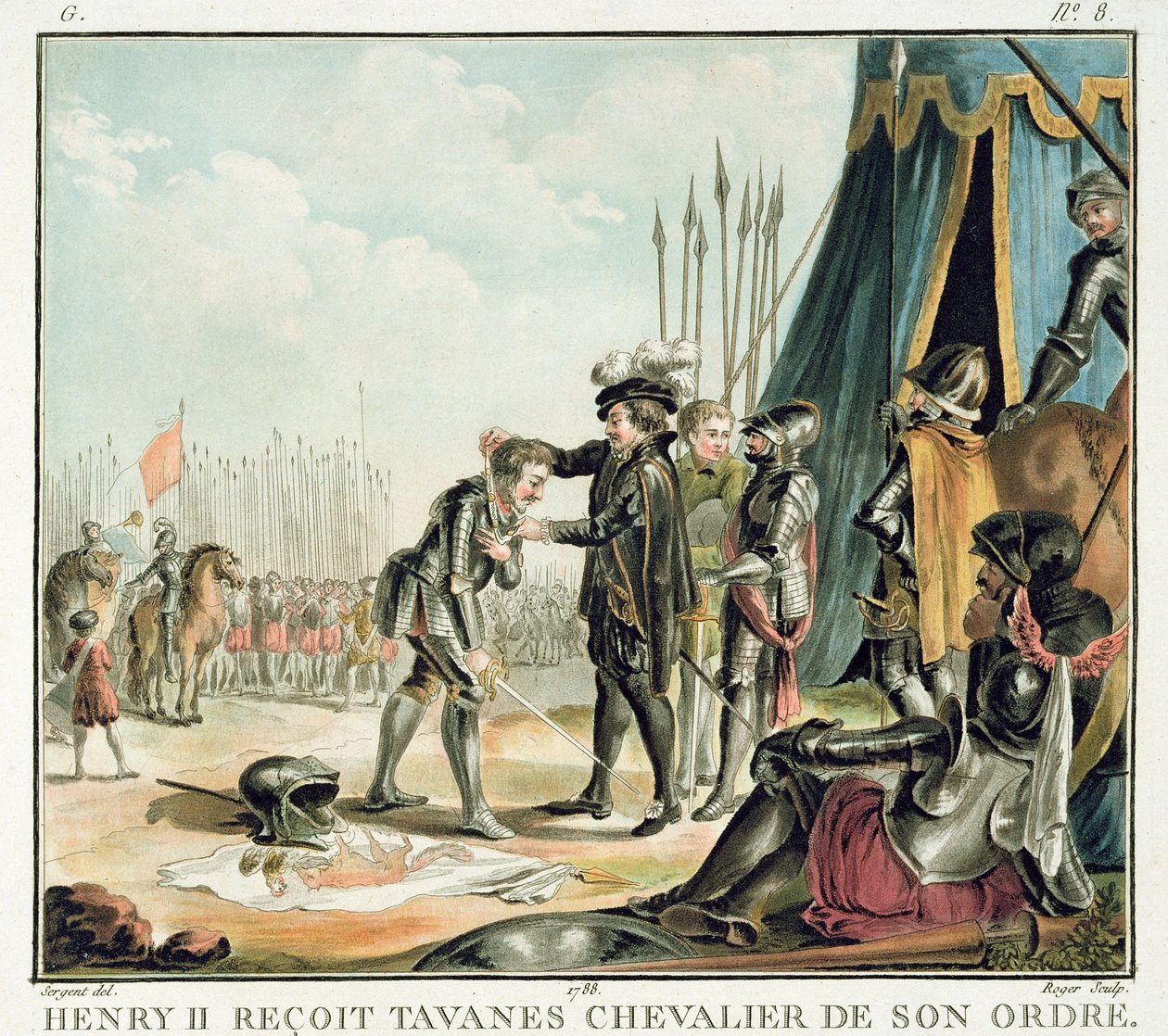 Henri II (1519-59) tar emot Jean de Tavanes som riddare i sin orden, graverad av Roger, 1788 av Antoine Louis Francois Sergent Marceau