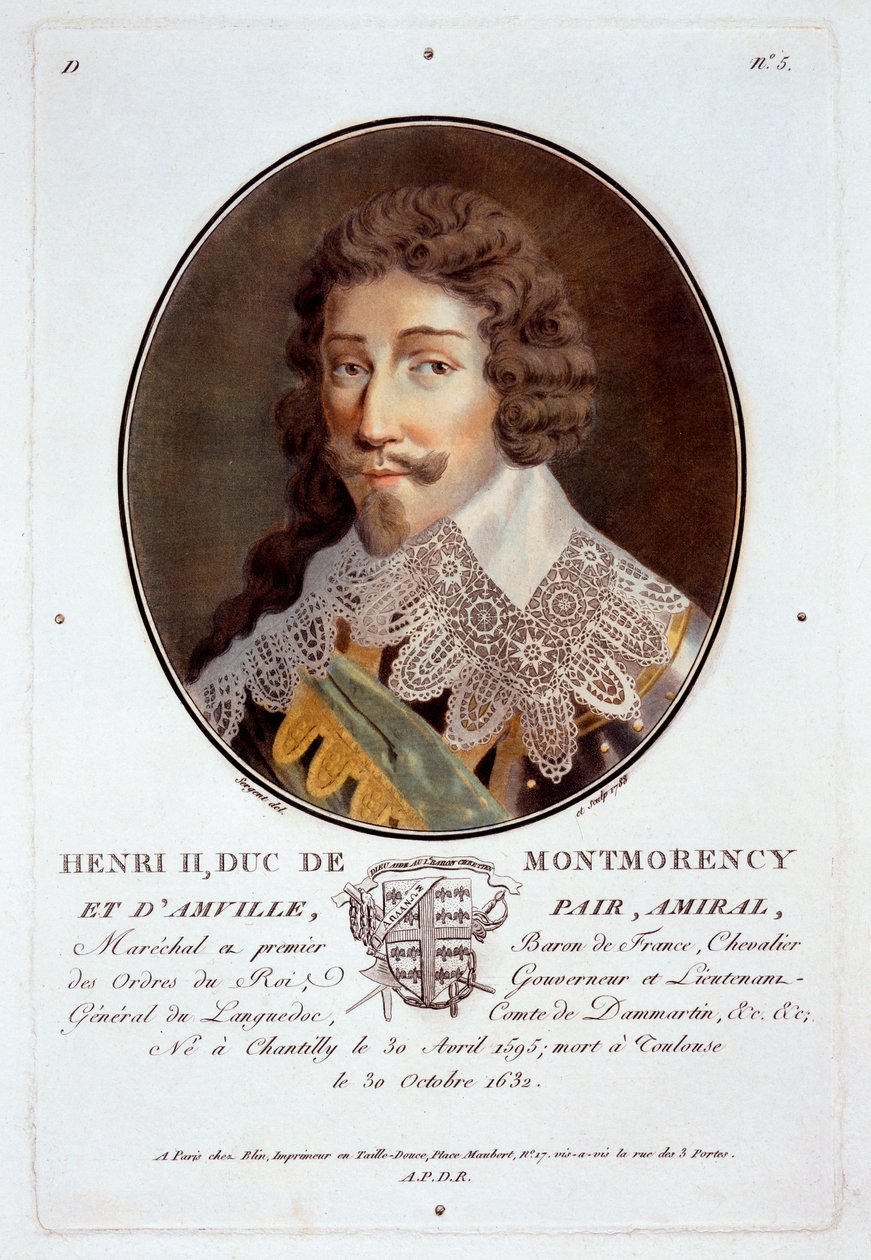 Henri II, Duc de Montmorency et dAmville, från Porträtt av stora män, berömda kvinnor och minnesvärda ämnen i Frankrike, graverade och tryckta i färger, utgiven av Pierre Blin, 1786-92, Paris (ca. av Antoine Louis Francois Sergent Marceau