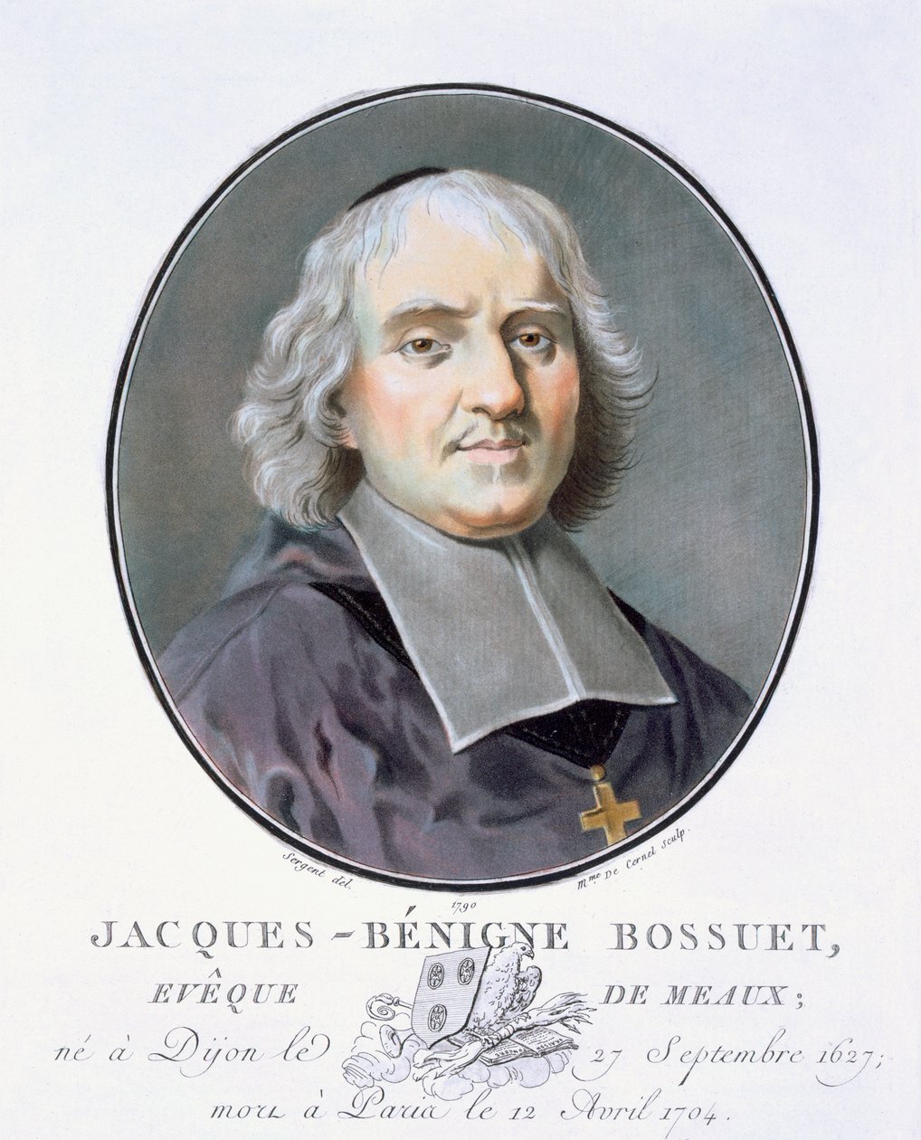 Jacques=Benigne Bossuet, från Porträtt av stora män, berömda kvinnor och minnesvärda ämnen i Frankrike, graverade och tryckta i färger, utgiven av Pierre Blin, 1786-92, Paris (färgstick) av Antoine Louis Francois Sergent Marceau