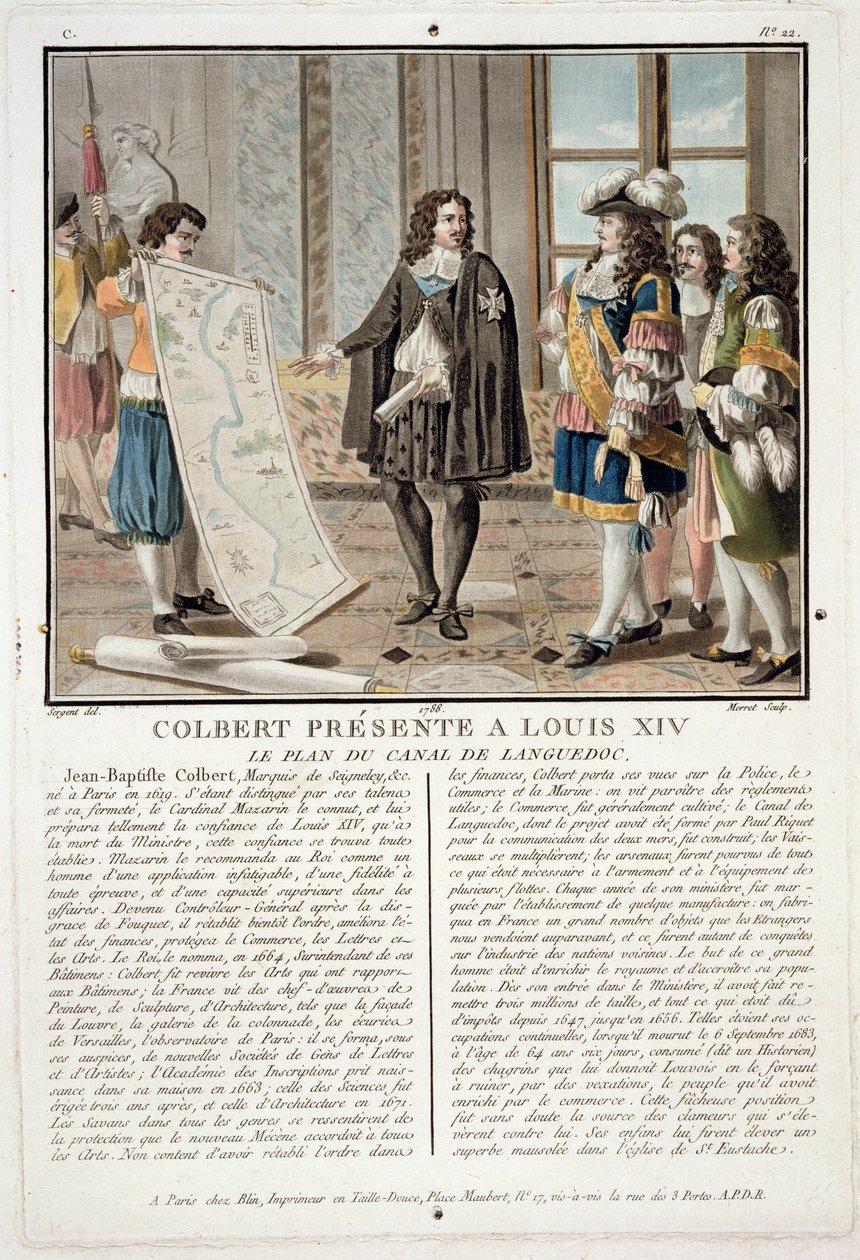Jean Baptiste Colbert (1619-83) överlämnar kartan över Canal du Languedoc till Ludvig XIV, graverad av Jean Baptiste Morret (fl.1790-1820), 1788 av Antoine Louis Francois Sergent Marceau