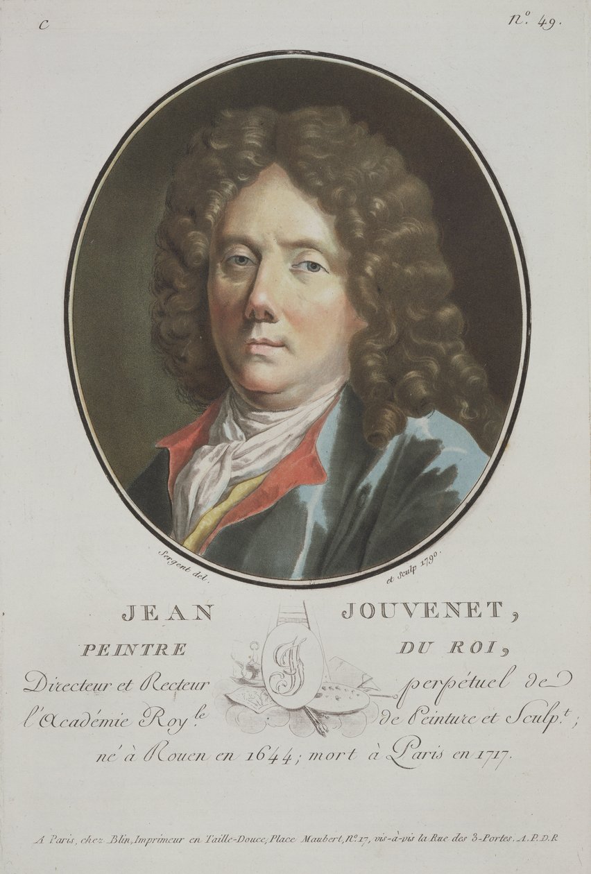 Jean Jouvenet, från Portraits of Great Men, Illustrious Women, and Memorable Subjects of France, graverad och tryckt i färg, utgiven av Pierre Blin, 1786-1792, Paris av Antoine Louis Francois Sergent Marceau