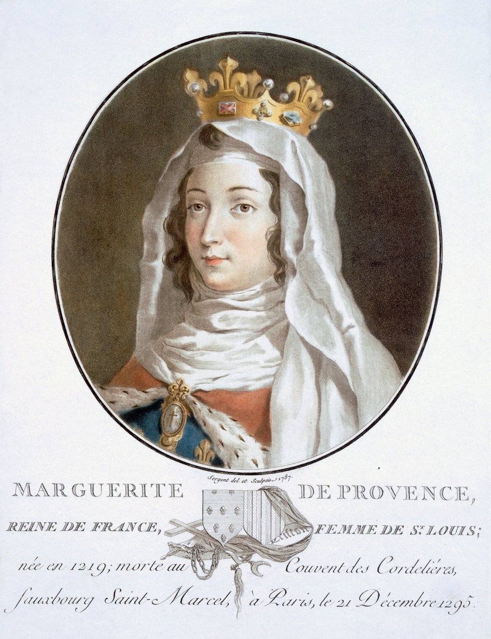 Marguerite de Provence, från Porträtt av stora män, lysande kvinnor och minnesvärda ämnen i Frankrike, graverad och tryckt i färger, utgiven av Pierre Blin, 1786-92, Paris (färgstick) av Antoine Louis Francois Sergent Marceau