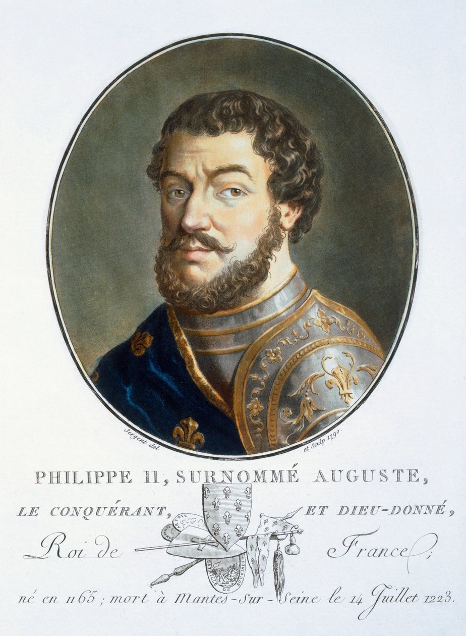 Philippe II Auguste, från Porträtt av stora män, berömda kvinnor och minnesvärda ämnen i Frankrike, graverade och tryckta i färger, utgiven av Pierre Blin, 1786-92, Paris (färgstick) av Antoine Louis Francois Sergent Marceau