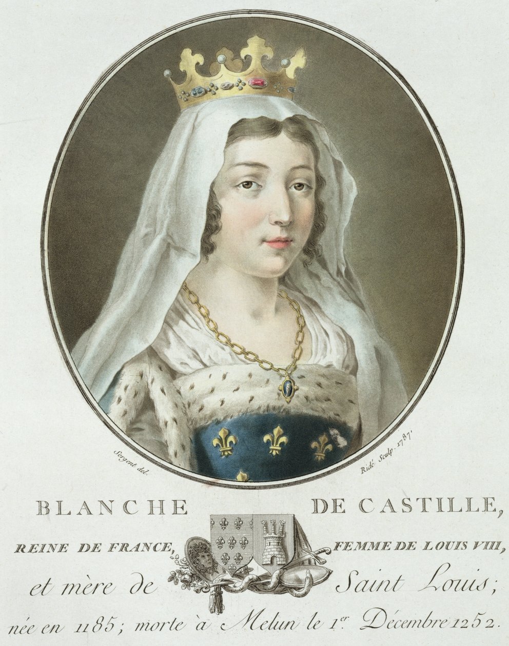 Porträtt av Blanche av Kastilien (1185-1252) graverad av Ride, 1787 av Antoine Louis Francois Sergent Marceau