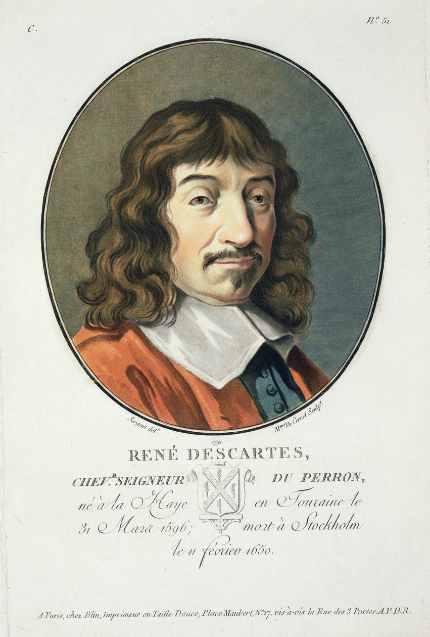Rene Descartes, från "Porträtt av stora män, illustra kvinnor och minnesvärda ämnen i Frankrike, graverade och tryckta i färg", utgiven av Pierre Blin, 1786-92, Paris av Antoine Louis Francois Sergent Marceau