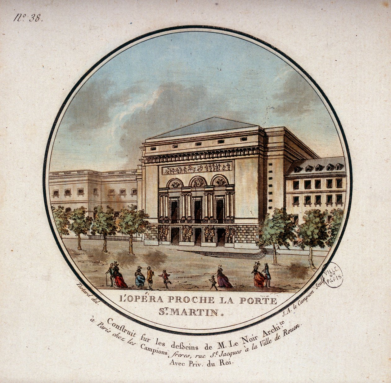 Operan byggd enligt ritningarna av arkitekten Le Noir nära Porte Saint Martin i Paris idag teatern i Porte Saint Martin. I prittoresque utsikt över huvudbyggnaderna i Paris av sergeant av Antoine Louis Francois Sergent Marceau