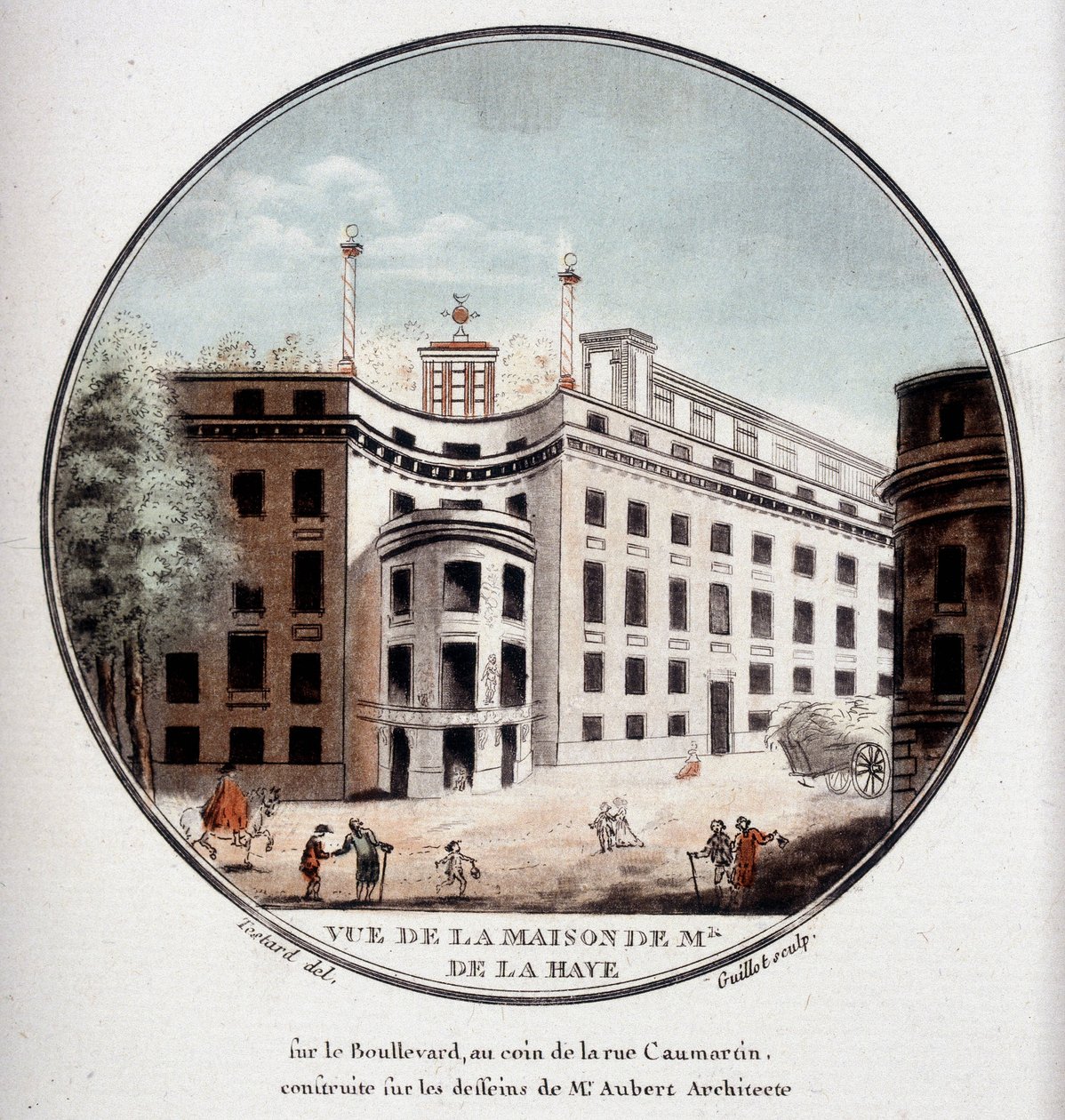Utsikt över Monsieur de La Hayes hus i hörnet av Rue Caumartin, Paris, byggt efter ritningar av arkitekten Aubert. I pittoresque utsikt över huvudbyggnaderna i Paris av sergeant av Antoine Louis Francois Sergent Marceau
