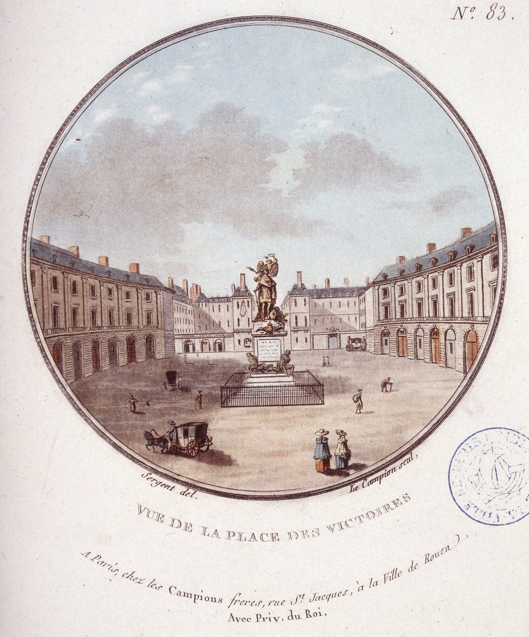 Utsikt över Place des Victoires, Paris. I prittoresque utsikt över huvudbyggnaderna i Paris av sergeant av Antoine Louis Francois Sergent Marceau