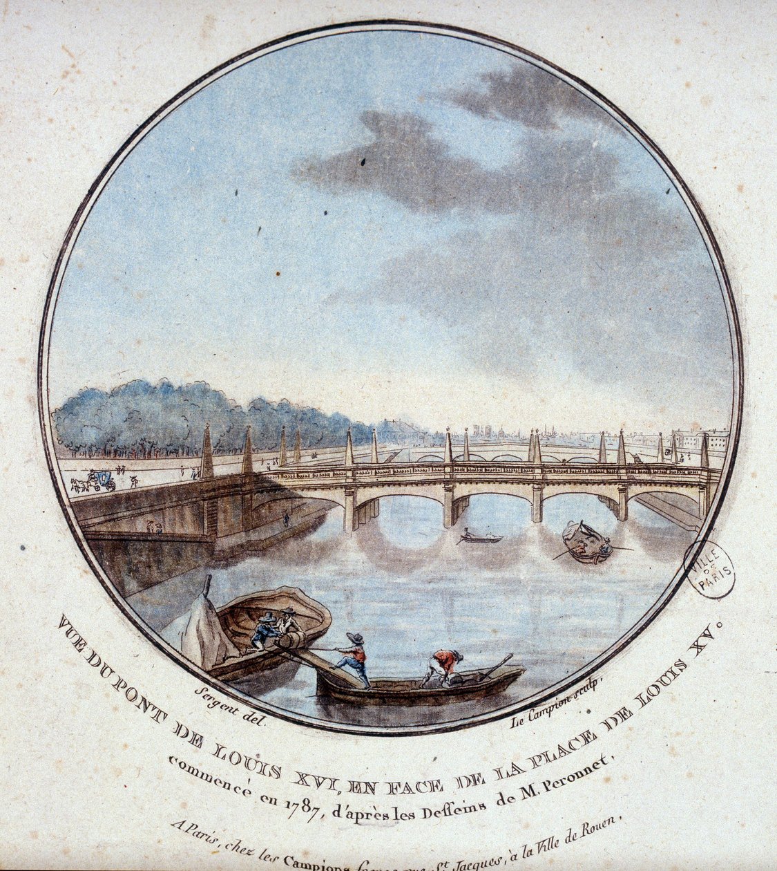 Utsikt över Ludvig XVI:s bro, mittemot Ludvig XV:s plats, startade 1787 enligt ritningarna av Mr. Peronnet. I prittoresque utsikt över huvudbyggnaderna i Paris av sergeant av Antoine Louis Francois Sergent Marceau
