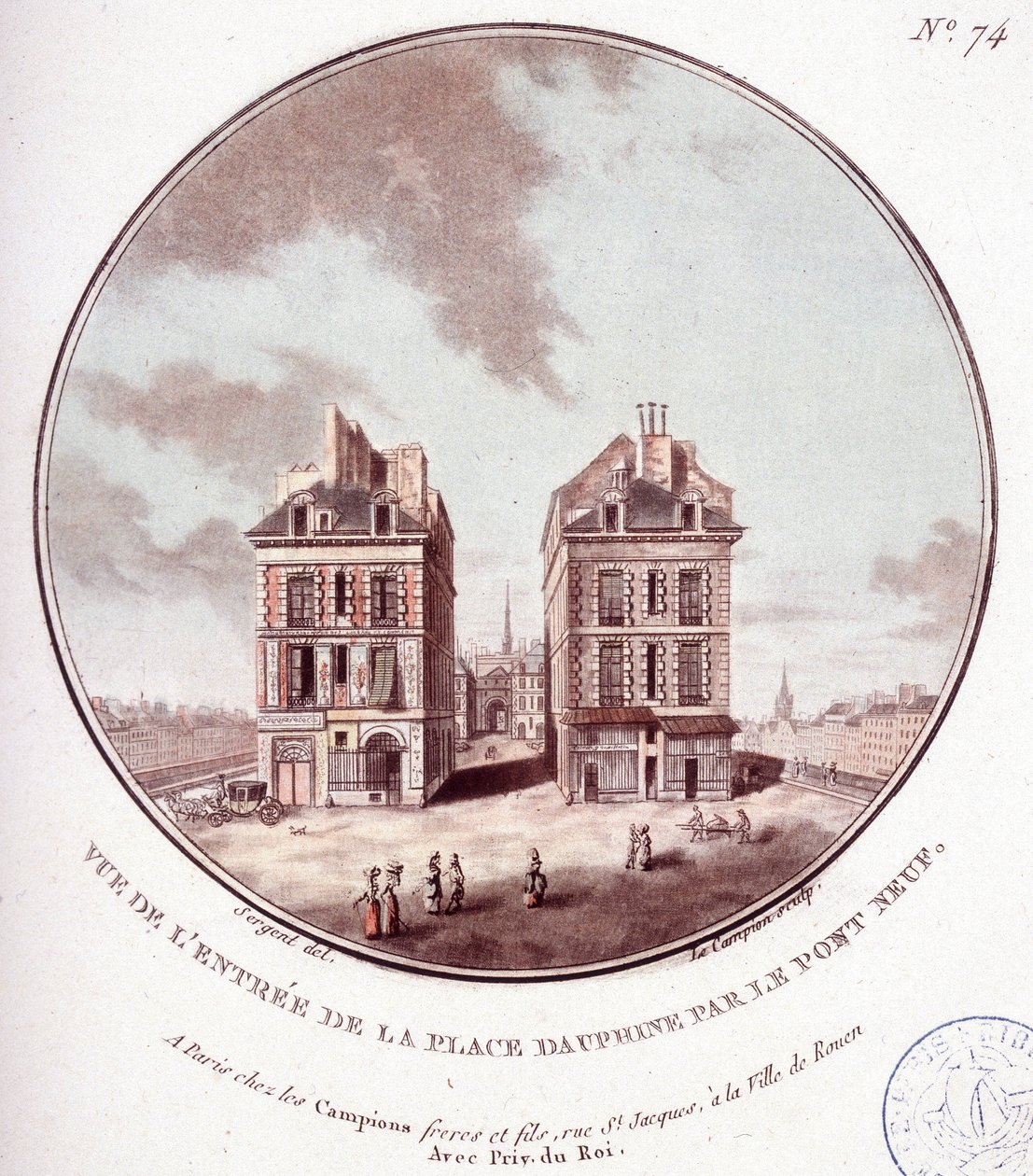 Vy över ingången till Place Dauphine vid Pont Neuf, Paris. I prittoresque utsikt över huvudbyggnaderna i Paris av sergeant av Antoine Louis Francois Sergent Marceau