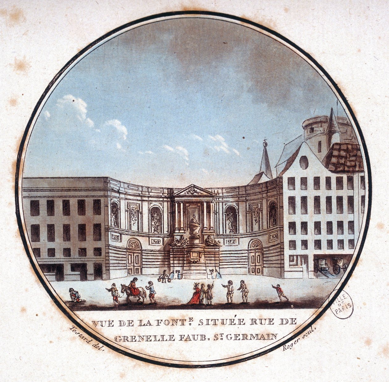 Utsikt över fontänen belägen rue de Grenelle Faubourg Saint Germain, nuvarande fontän i Grenelle. I pittoresque utsikt över huvudbyggnaderna i Paris av sergeant av Antoine Louis Francois Sergent Marceau