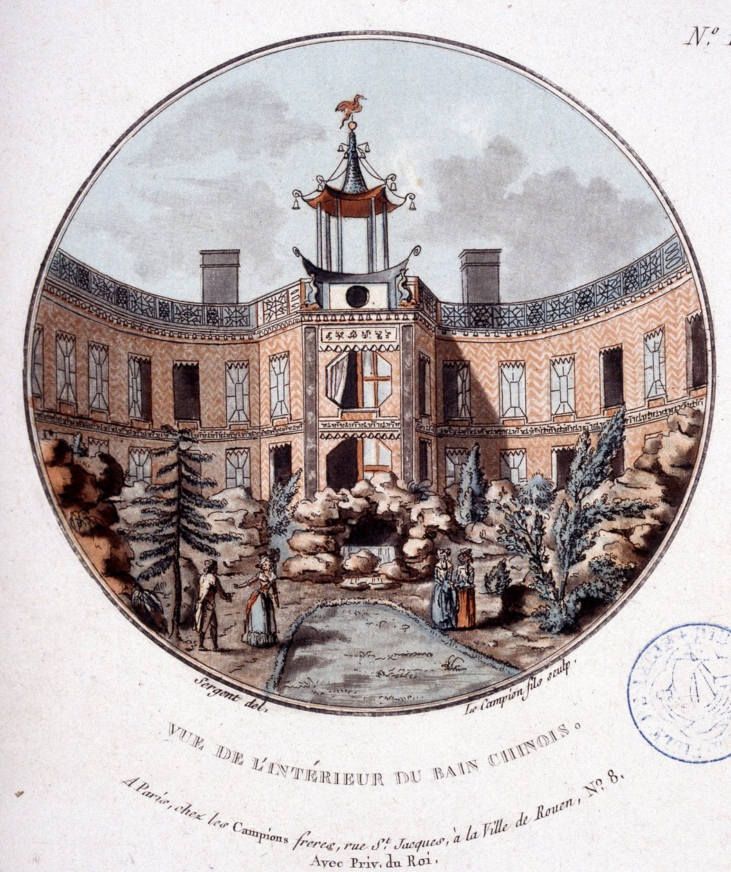 Vy över det inre av det kinesiska badet, Paris. I prittoresque utsikt över huvudbyggnaderna i Paris av sergeant av Antoine Louis Francois Sergent Marceau