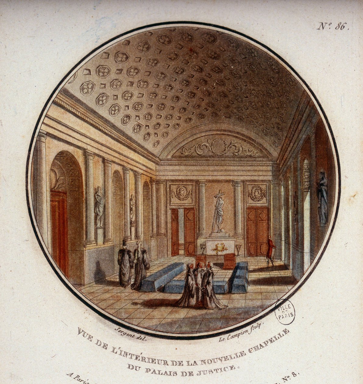 Vy över interiören av det nya kapellet i tingshuset, nu Sainte Chapelle, Paris. I prittoresque utsikt över huvudbyggnaderna i Paris av sergeant av Antoine Louis Francois Sergent Marceau