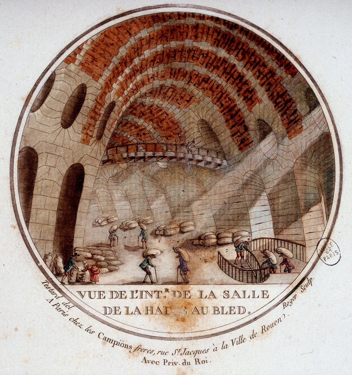 Vy över interiören av den nya saluhallen byggd av Le Camus de Mézières mellan 1763 och 1766, idag börsen i Paris. I prittoresque utsikt över huvudbyggnaderna i Paris av sergeant av Antoine Louis Francois Sergent Marceau