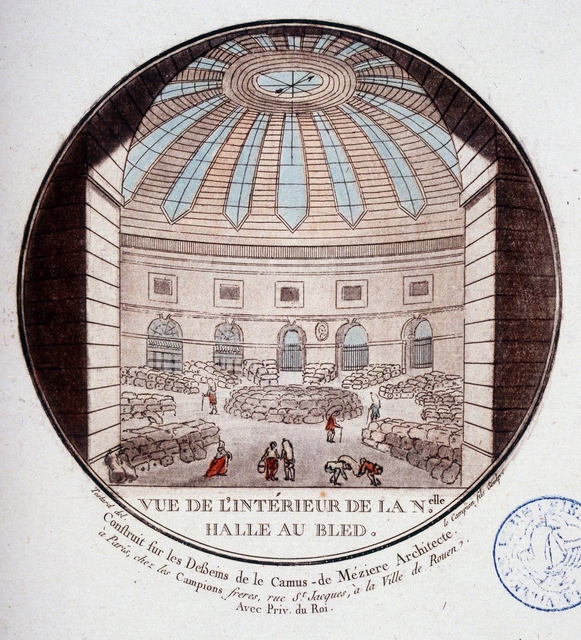Vy över interiören av den nya saluhallen byggd av Le Camus de Mézières mellan 1763 och 1766, idag börsen i Paris. I prittoresque utsikt över huvudbyggnaderna i Paris av sergeant av Antoine Louis Francois Sergent Marceau