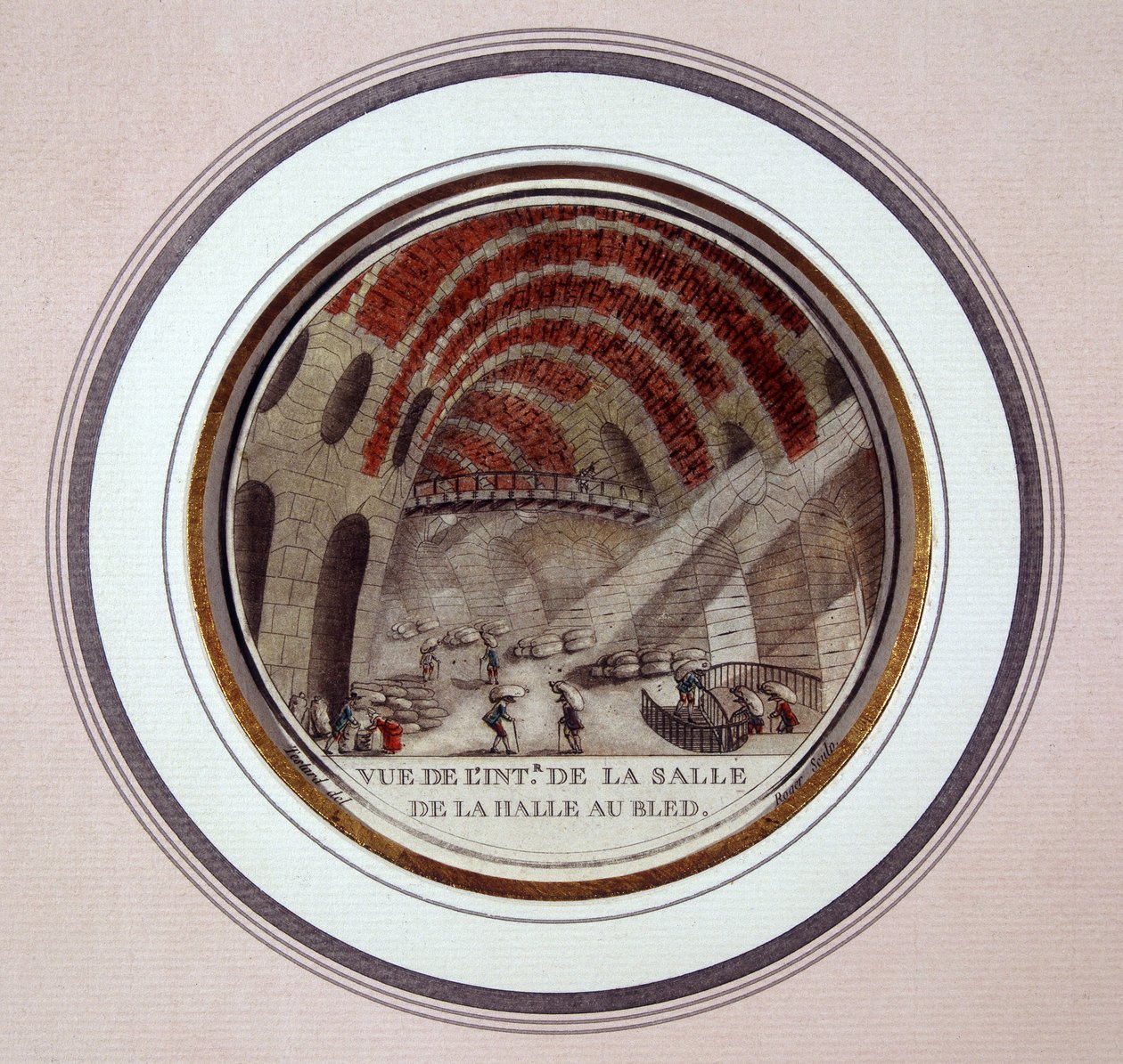 Vy över interiören av den nya saluhallen byggd av Le Camus de Mézières mellan 1763 och 1766, idag börsen i Paris. I prittoresque utsikt över huvudbyggnaderna i Paris av sergeant av Antoine Louis Francois Sergent Marceau