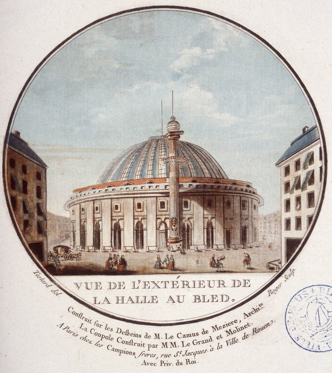 Utsikt över utsidan av vetemarknaden, Paris byggt av Le Camus de Mézières mellan 1763 och 1766, idag börsen i Paris. I prittoresque utsikt över huvudbyggnaderna i Paris av sergeant av Antoine Louis Francois Sergent Marceau