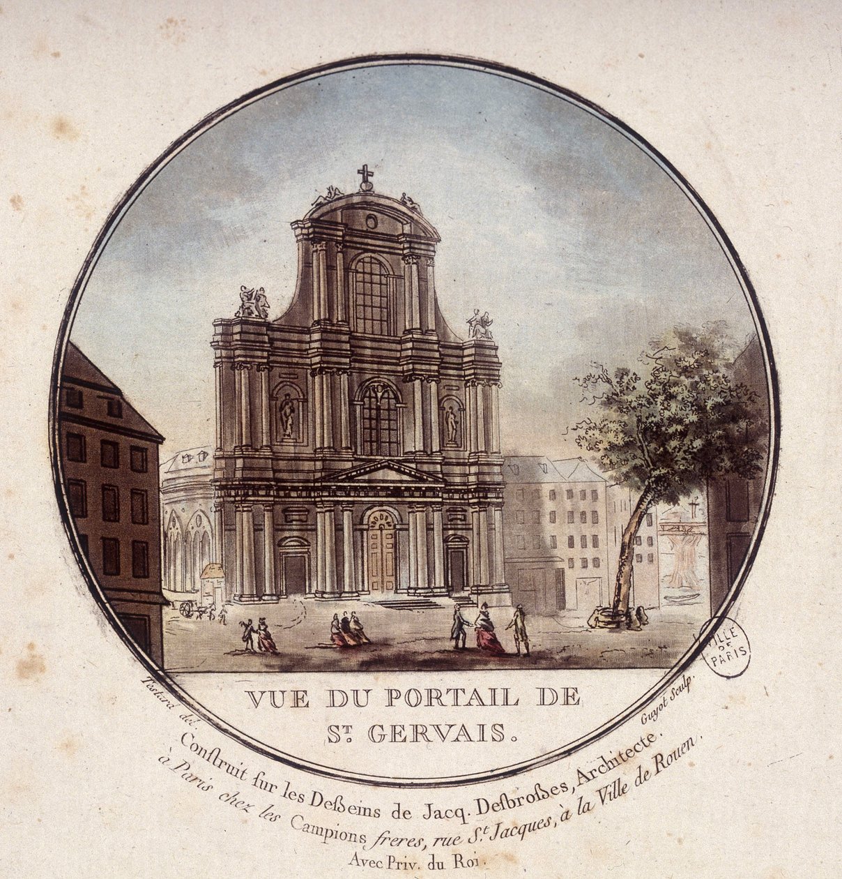 Utsikt över Saint Gervais portal, byggd enligt ritningar av arkitekten Jacques Desbrosses, Paris. I prittoresque utsikt över huvudbyggnaderna i Paris av sergeant av Antoine Louis Francois Sergent Marceau