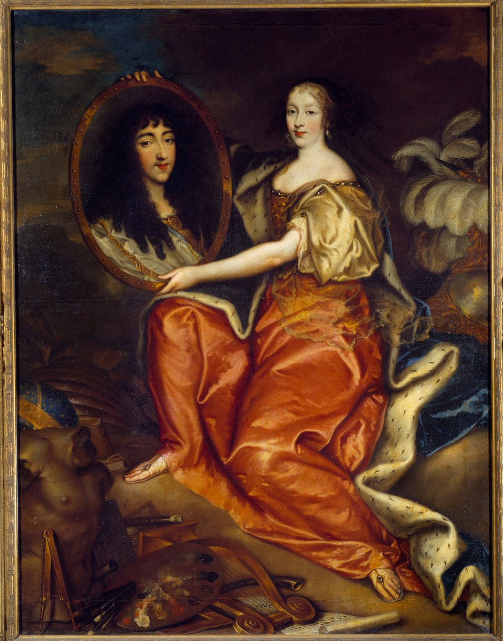 Porträtt av Henriette Anne (Henriette-Anne) av England (1644-1670) Hertiginna av Orleans som håller porträttet av Philippe Duc av Orleans (1640-1701) dit Monsieur. Dubbelporträtt: Abymemålning i en målning. Målning av Antoine Mathieu (1631-1673) 1664 Sön. av Antoine Mathieu