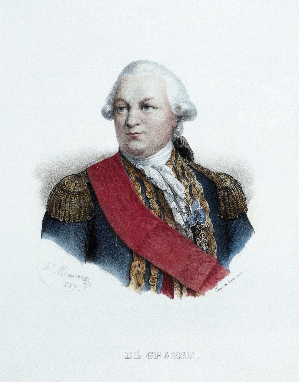 Porträtt av amiral François Joseph Paul De Grasse (1722-1788). Litografi (23,9 x 15,6 cm), arbete av Antoine Maurin (1793-1890), gravyr Lemercier av Antoine Maurin