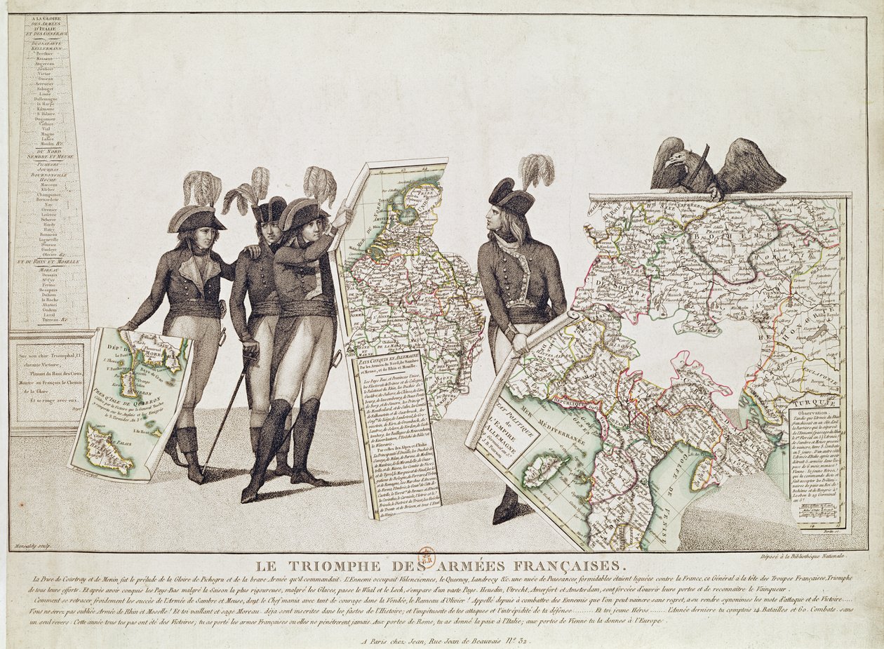 De franske hæres triumf, Napoleon og hans generaler holder kort over deres sejre på tidspunktet for freden i Loeben, 18. april 1797, ca. 1797 sverige av Antoine Maxime Monsaldy