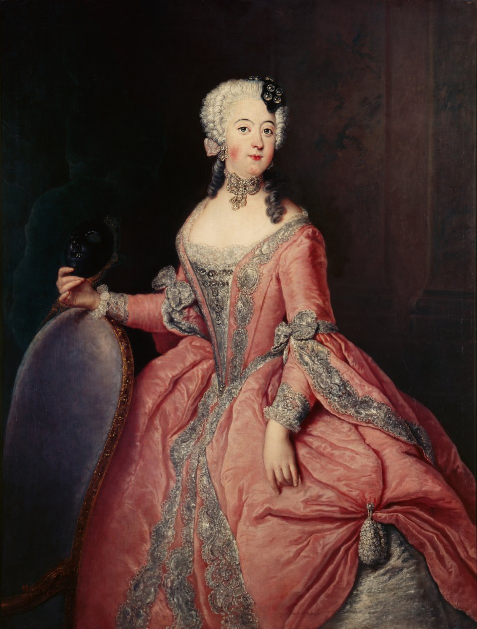 Porträtt av Luise Ulrike prinsessan av Preussen (1720-1782) med mask i handen av Antoine Pesne
