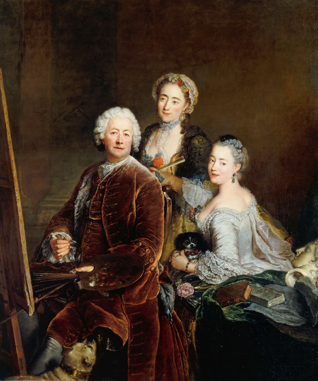 Självporträtt med döttrarna Henriette Royard och Marie de Rège framför staffliet av Antoine Pesne