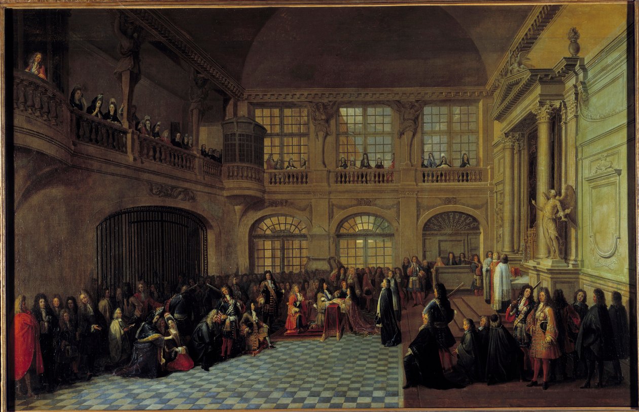 Kung Ludvig XIV tar emot eden av markisen de Dangeau, stormästare över de återförenade orden av Notre Dame du Mont Carmel och Saint Lazarus, i kapellet på slottet i Versailles, den 18/12/1695. Philippe de Courcillon, markis de Dangeau (1638-172 av Antoine Pezey