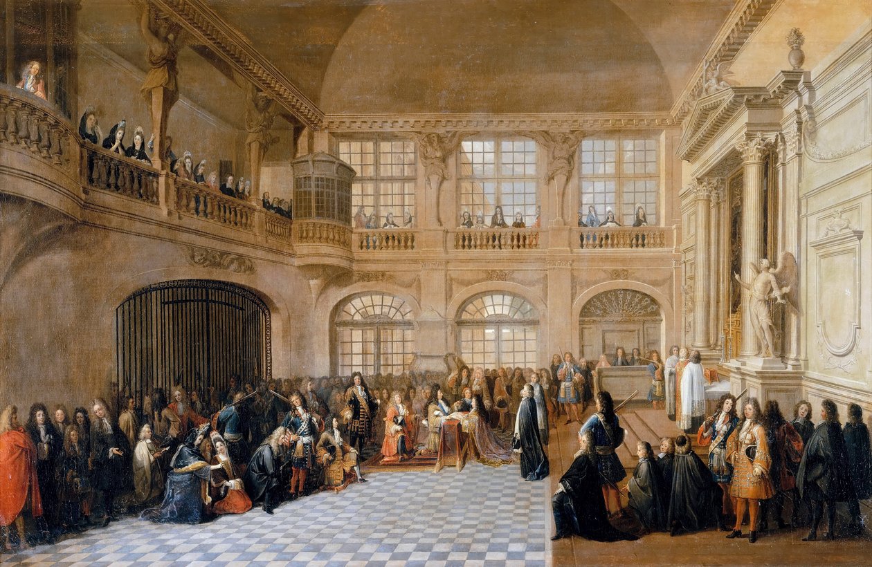 Ludvig XIV tar emot eden av markis de Dangeau, stormästare av Saint Lazare-orden i av Antoine Pezey