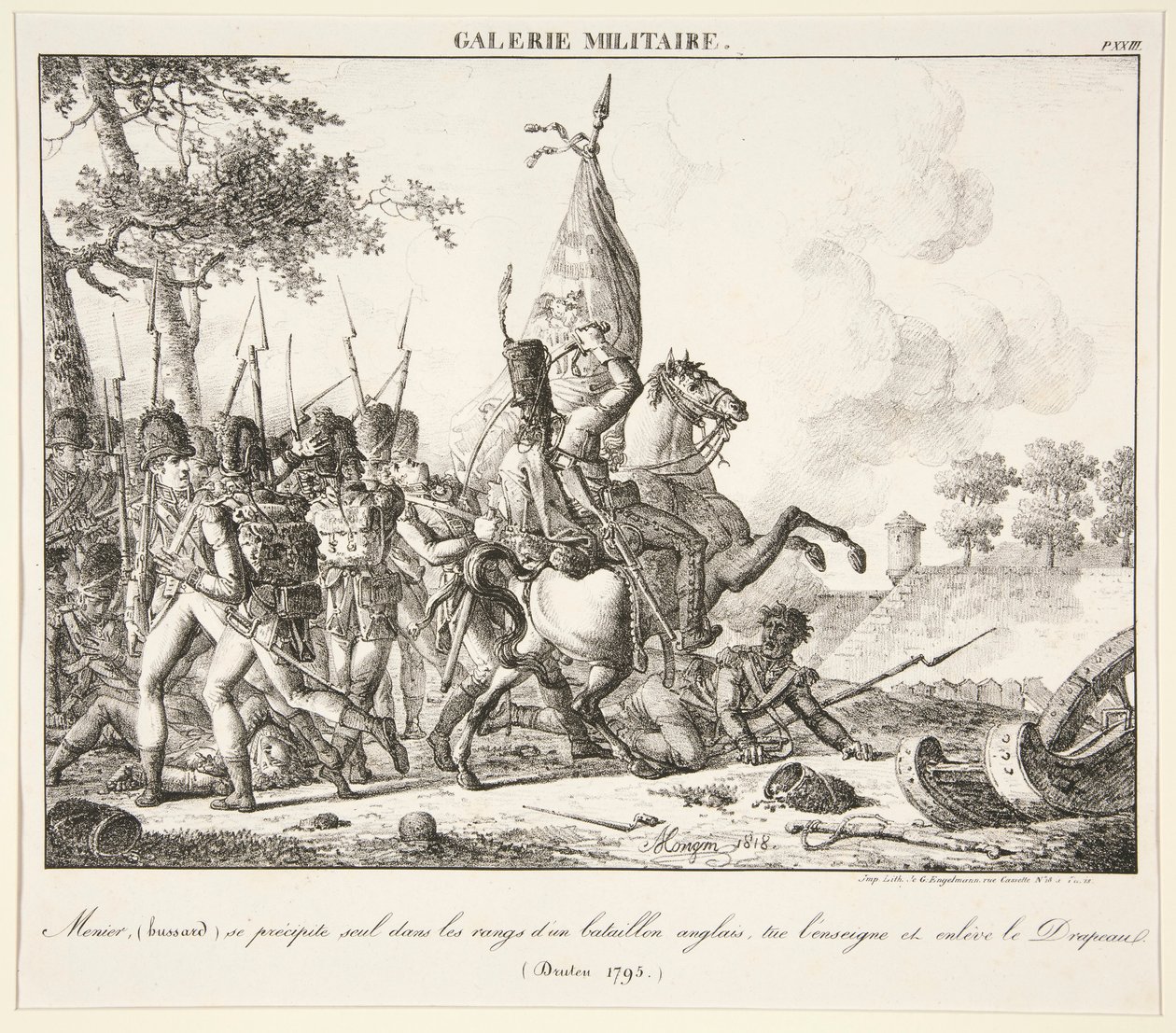 Menier (Hussar) kastar sig ensam i raden av en engelsk bataljon, dödar fänriken och erövrar flaggan (Druten, 1795) av Antoine Pierre Mongin