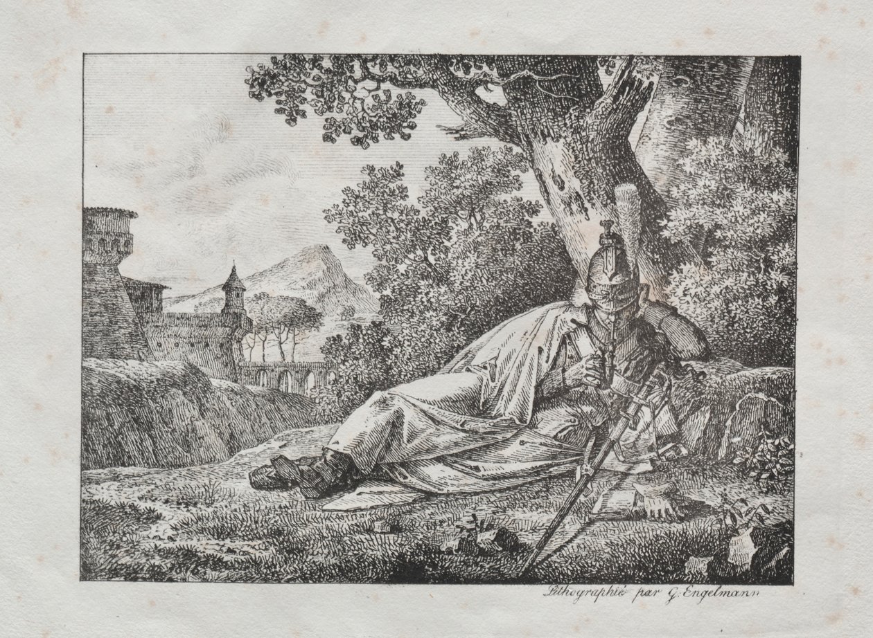 Samling av litografiska essäer: Rökande drake ligger vid foten av ett träd, 1822. av Antoine Pierre Mongin