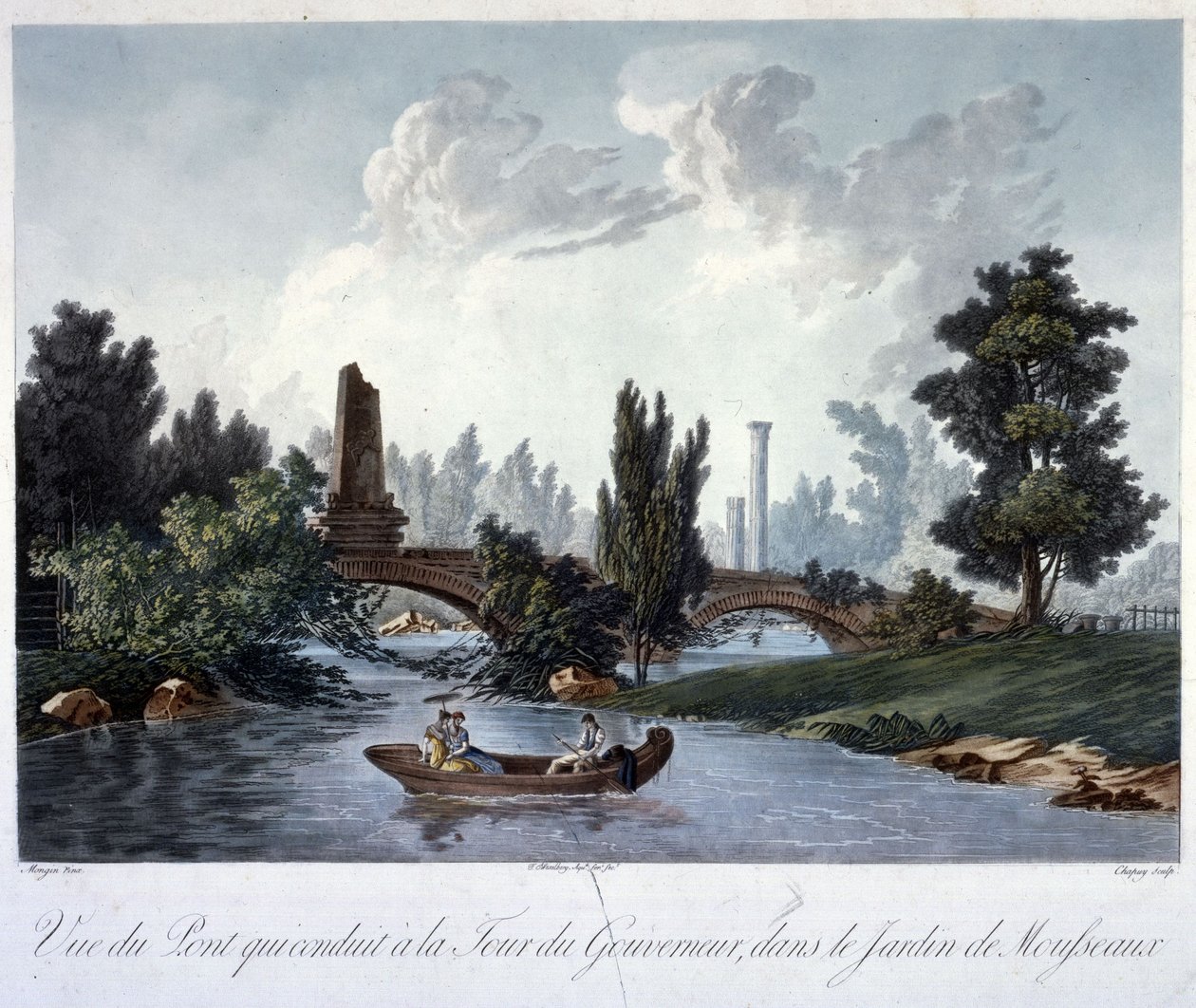 Bro till Tour du Gouverneur i Parc Monceau, graverad av Chapuy (akvatint) av Antoine Pierre after Mongin