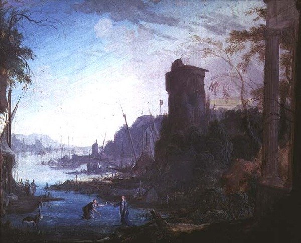 En hamn med Kristus som befaller St. Peter att gå på vattnet av Antoine Pierre the Younger Patel